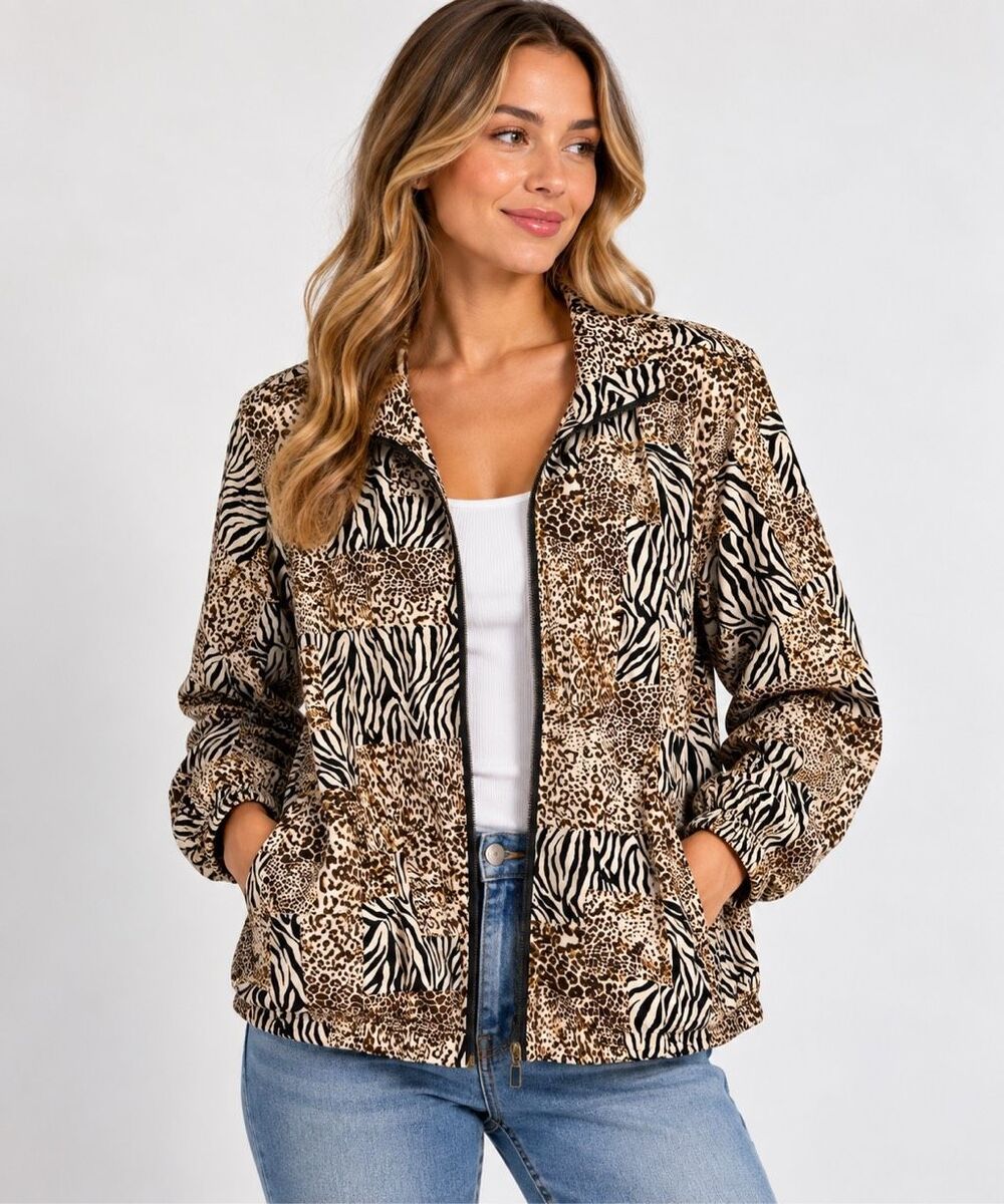 Koret Sport Jacket Brown Animal Cheetah Big Cat Zebra Lined Pockets Size Large